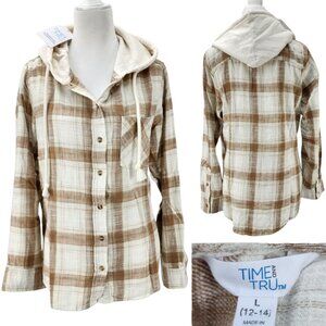 New Time and Tru Womens Large 12-14 Hooded Flannel Shirt Jacket Tan Cream Plaid